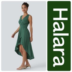 HALARA Green Deep V Neck Sleeveless High Low Crossover
Hem Midi Casual Dress
